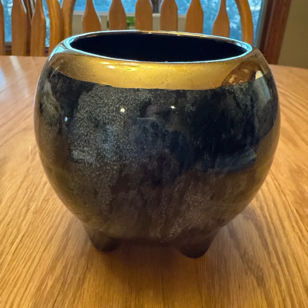 Vintage Glazed Ceramic Planter with Gold Rim